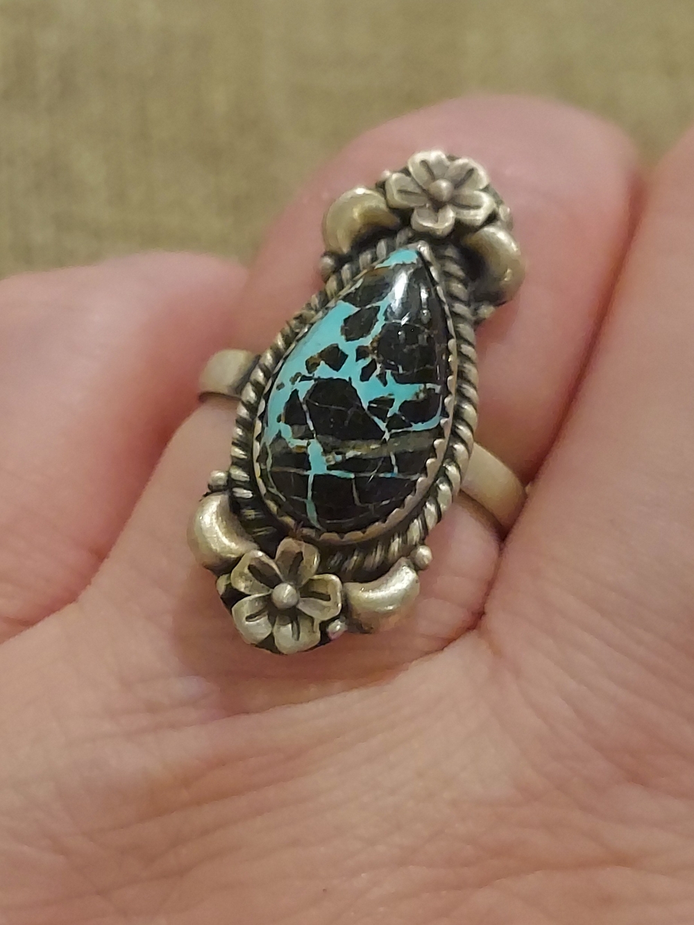 New Brushed Sterling Silver & Blackjack Turquoise Adjustable Ring - Picture 11 of 13